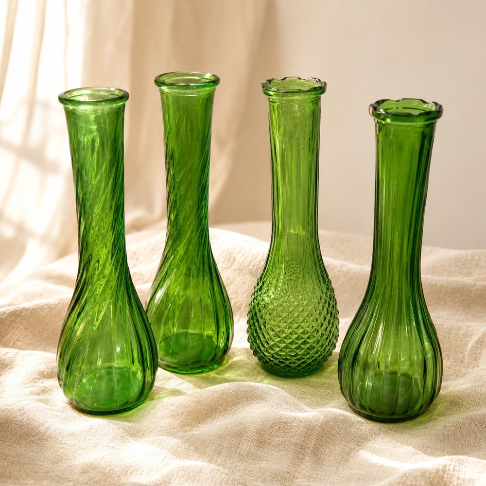 Vintage Green Glass Bud Vase Lot 4 Swirl Optic Bottle Vases CottageCore Decor